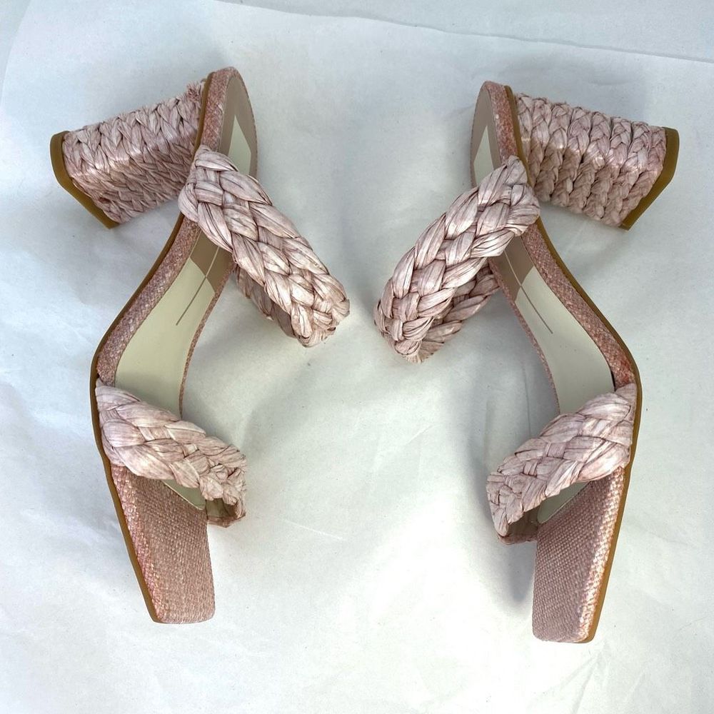 Dolce Vita  Paily Pink Rafia Sandals Braided Straps Chunky Heels - Picture 2 of 16